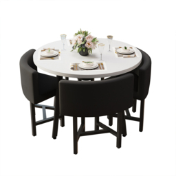 Round Small Dining Table Set Nesting with Black Upholstered Chairs for 4 Modern 100 cm - thumbnail 9
