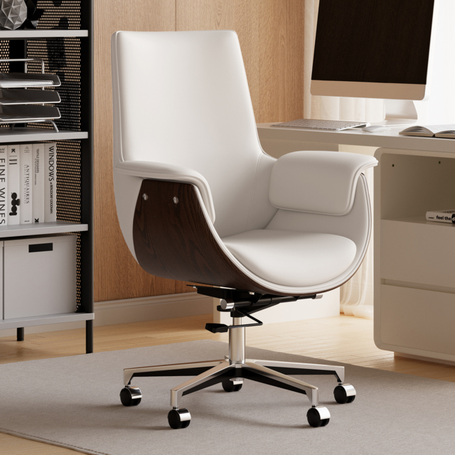 Warm White Leather Modern Home Office Chair Upholstered High Back Desk Chair Wood Grain Frame - image 1