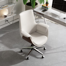 Warm White Leather Modern Home Office Chair Upholstered High Back Desk Chair Wood Grain Frame - thumbnail 8