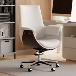 Warm White Leather Modern Home Office Chair Upholstered High Back Desk Chair Wood Grain Frame