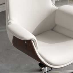 Warm White Leather Modern Home Office Chair Upholstered High Back Desk Chair Wood Grain Frame - thumbnail 9