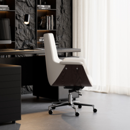 Warm White Leather Modern Home Office Chair Upholstered High Back Desk Chair Wood Grain Frame - thumbnail 6