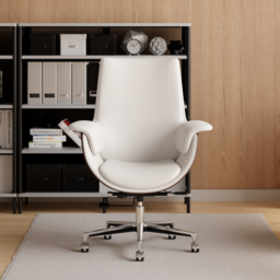 Warm White Leather Modern Home Office Chair Upholstered High Back Desk Chair Wood Grain Frame - thumbnail 2