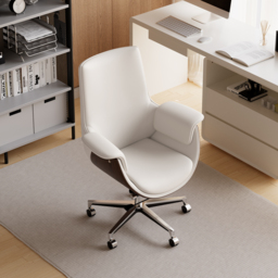 Warm White Leather Modern Home Office Chair Upholstered High Back Desk Chair Wood Grain Frame - thumbnail 3
