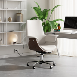 Warm White Leather Modern Home Office Chair Upholstered High Back Desk Chair Wood Grain Frame - thumbnail 7