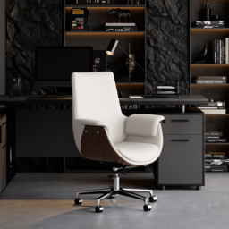 Warm White Leather Modern Home Office Chair Upholstered High Back Desk Chair Wood Grain Frame - thumbnail 4