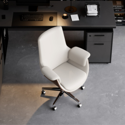 Warm White Leather Modern Home Office Chair Upholstered High Back Desk Chair Wood Grain Frame - thumbnail 5