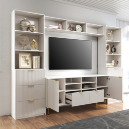 290 cm Fluted Wood Storage 4-Piece Entertainment Center with Bookshelf White TV Stand - thumbnail 4
