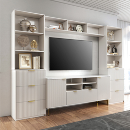 290 cm Fluted Wood Storage 4-Piece Entertainment Center with Bookshelf White TV Stand - thumbnail 3