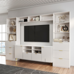 290 cm Fluted Wood Storage 4-Piece Entertainment Center with Bookshelf White TV Stand - thumbnail 2