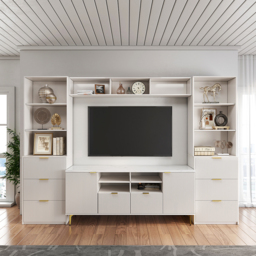 290 cm Fluted Wood Storage 4-Piece Entertainment Center with Bookshelf White TV Stand