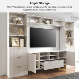 290 cm Fluted Wood Storage 4-Piece Entertainment Center with Bookshelf White TV Stand - thumbnail 8