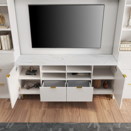 290 cm Fluted Wood Storage 4-Piece Entertainment Center with Bookshelf White TV Stand - thumbnail 5