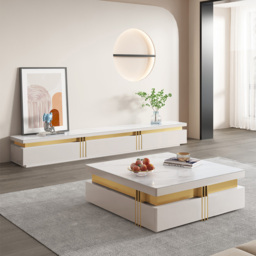 Trimied 1100mm Modern White Square Storage Coffee Table Stone Top with 4 Wood Drawers - thumbnail 3