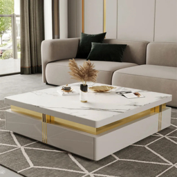 Trimied 1100mm Modern White Square Storage Coffee Table Stone Top with 4 Wood Drawers - thumbnail 1