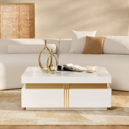 Trimied 1100mm Modern White Square Storage Coffee Table Stone Top with 4 Wood Drawers - thumbnail 2