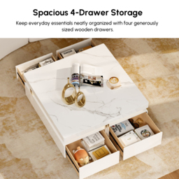 Trimied 1100mm Modern White Square Storage Coffee Table Stone Top with 4 Wood Drawers - thumbnail 8