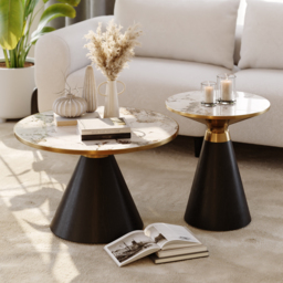 Sintered Stone Round Coffee Table 2 Pieces Set Modern Black Living Room Furniture - thumbnail 3