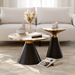Sintered Stone Round Coffee Table 2 Pieces Set Modern Black Living Room Furniture