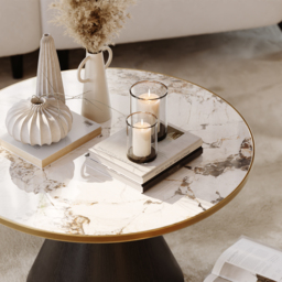 Sintered Stone Round Coffee Table 2 Pieces Set Modern Black Living Room Furniture - thumbnail 7