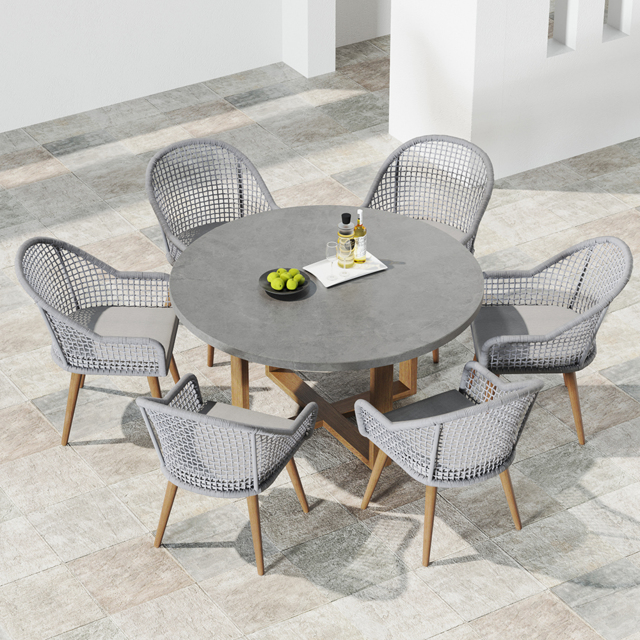 7 Pieces Teak Round Outdoor Concrete Dining Set with Gray Table Woven Armchair 6-Person - image 1