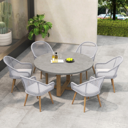 7 Pieces Teak Round Outdoor Concrete Dining Set with Gray Table Woven Armchair 6-Person - thumbnail 3
