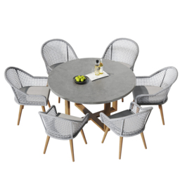 7 Pieces Teak Round Outdoor Concrete Dining Set with Gray Table Woven Armchair 6-Person - thumbnail 8