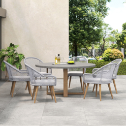 7 Pieces Teak Round Outdoor Concrete Dining Set with Gray Table Woven Armchair 6-Person - thumbnail 4