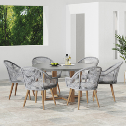 7 Pieces Teak Round Outdoor Concrete Dining Set with Gray Table Woven Armchair 6-Person - thumbnail 2