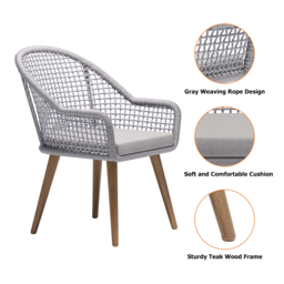 7 Pieces Teak Round Outdoor Concrete Dining Set with Gray Table Woven Armchair 6-Person - thumbnail 7