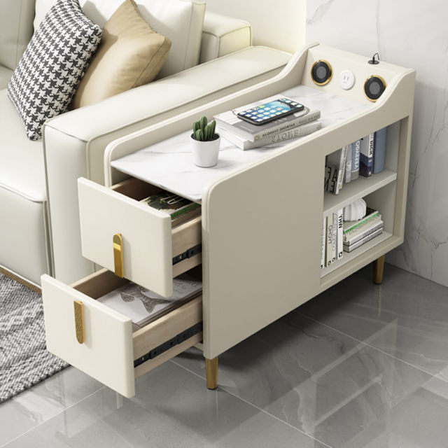 Modern Multifunctional Narrow Side Table Sintered Stone Top End Table Speaker & USB Port - image 1