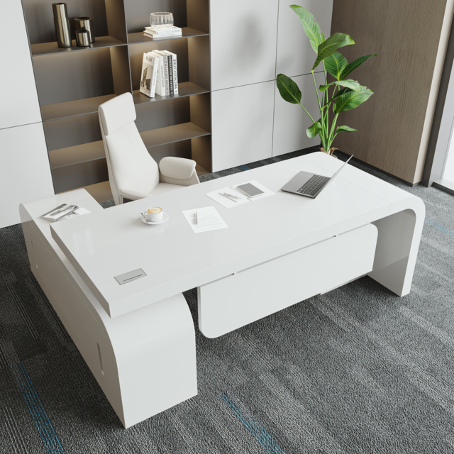 1800mm White L-shaped Modern Executive Desk Right Hand & Reclining Leather Office Chair - image 1