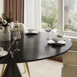 Modern 120cm Round Matte Sintered Stone Dining Table with Black Pedestal Base, Seats 4 - thumbnail 8