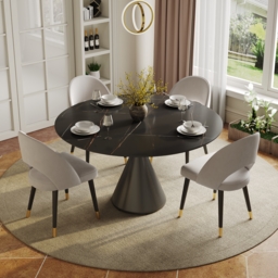 Modern 120cm Round Matte Sintered Stone Dining Table with Black Pedestal Base, Seats 4 - thumbnail 1