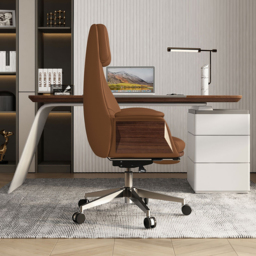 Reclining Leather Office Desk Chair High Back Adjustable Swivel Brown Executive Chair - thumbnail 4