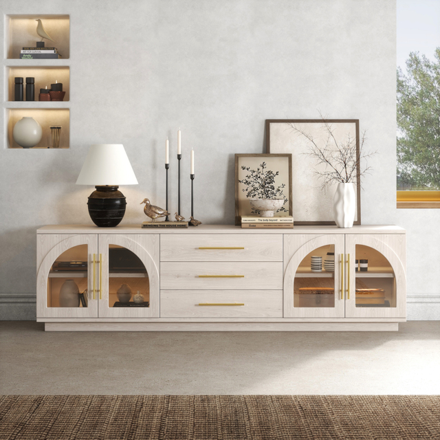 Arune Japandi Whitewash TV Stand with LED Lights and Arched Glass Cabinet Doors - image 1
