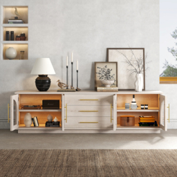 Arune Japandi Whitewash TV Stand with LED Lights and Arched Glass Cabinet Doors - thumbnail 3