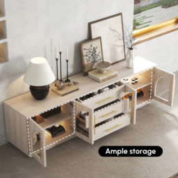 Arune Japandi Whitewash TV Stand with LED Lights and Arched Glass Cabinet Doors - thumbnail 6