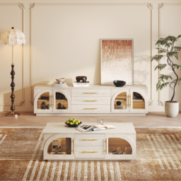 Arune Japandi Whitewash TV Stand with LED Lights and Arched Glass Cabinet Doors - thumbnail 4