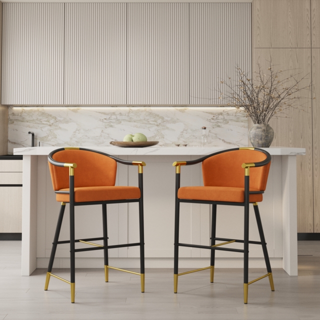 Modern Counter Stools with Velvet Upholstery Orange Bar Stools - image 1