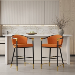 Modern Counter Stools with Velvet Upholstery Orange Bar Stools - thumbnail 1