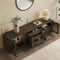 Arune 180 cm Arched Glass Doors Smoked Brown TV Stand with Storage and LED - thumbnail 5