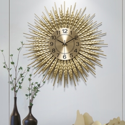 Large 3D Sunburst Metal Oversized Wall Clock Wheat Home Decor - thumbnail 1