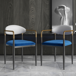 Otrast White & Blue PU Leather Dining Chair Velvet Upholstered Arm Chair 6-Pieces