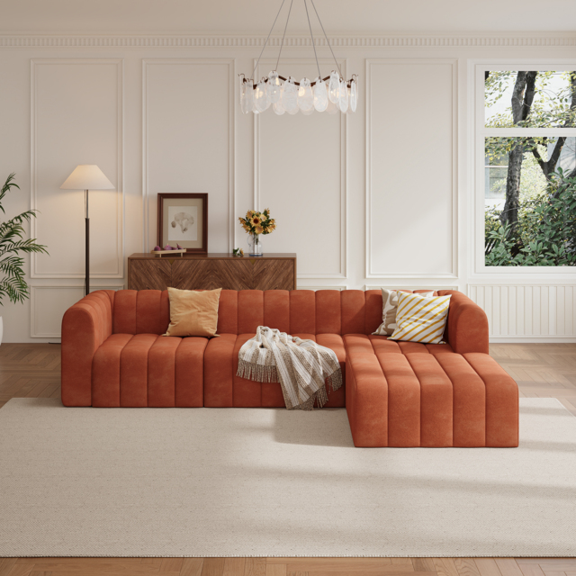 300 cm Modern Orange Velvet Modular Pit Sectional Sofa Set Convertible 4-Piece Upholstered - image 1
