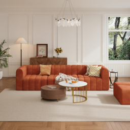 300 cm Modern Orange Velvet Modular Pit Sectional Sofa Set Convertible 4-Piece Upholstered - thumbnail 3
