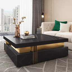 Trimied 1100mm Modern Black Square Storage Coffee Table Stone Top & 4 Wood Drawers - thumbnail 4