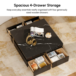 Trimied 1100mm Modern Black Square Storage Coffee Table Stone Top & 4 Wood Drawers - thumbnail 7