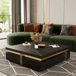 Trimied 110 cm Modern Black Square Storage Coffee Table Stone Top & 4 Wood Drawers
