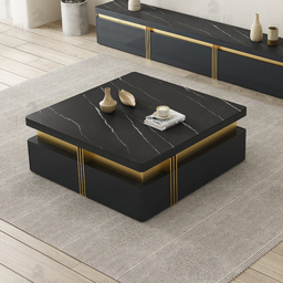 Trimied 1100mm Modern Black Square Storage Coffee Table Stone Top & 4 Wood Drawers - thumbnail 3